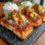 Close-up of a fillet from Salmon Recipes Pineapple collection — crisp crust and juicy fruit topping; plated like Baked Salmon With Pineapple Salsa, a photographed Salmon With Pineapple Salsa Recipe served with rice, finished with colorful Salmon With Tropical Salsa and a final spoon of Salmon With Pineapple Salsa.