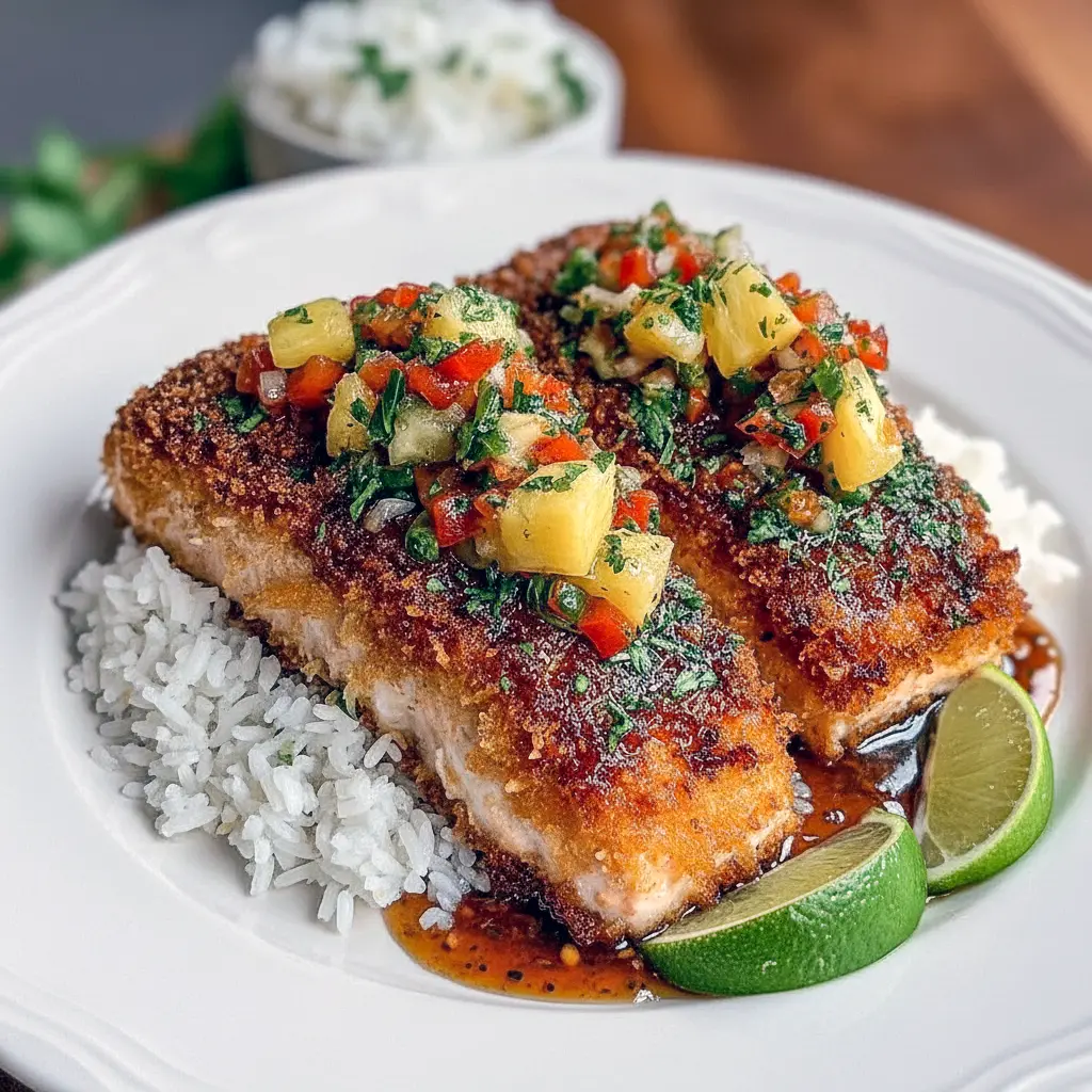 Close-up of a fillet from Salmon Recipes Pineapple collection — crisp crust and juicy fruit topping; plated like Baked Salmon With Pineapple Salsa, a photographed Salmon With Pineapple Salsa Recipe served with rice, finished with colorful Salmon With Tropical Salsa and a final spoon of Salmon With Pineapple Salsa, Coconut Crusted Salmon.