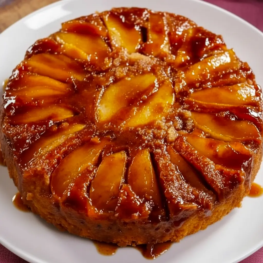 A moist and golden upside-down Caramel Apple Cake topped with glossy caramelized apples, styled like a cozy fall dessert inspired by a classic pineapple version, Pineapple Upside-down Cake With Apples.