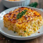 Cheesy Spaghetti Squash Au Gratin bubbling in a ceramic dish, topped with melted golden cheddar and a sprinkling of herbs.