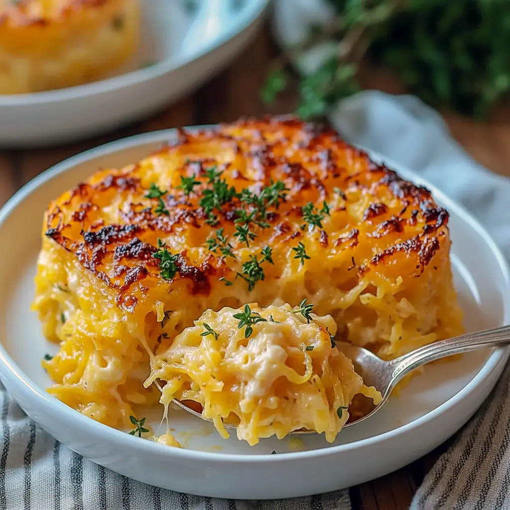Cheesy Spaghetti Squash Au Gratin bubbling in a ceramic dish, topped with melted golden cheddar and a sprinkling of herbs.