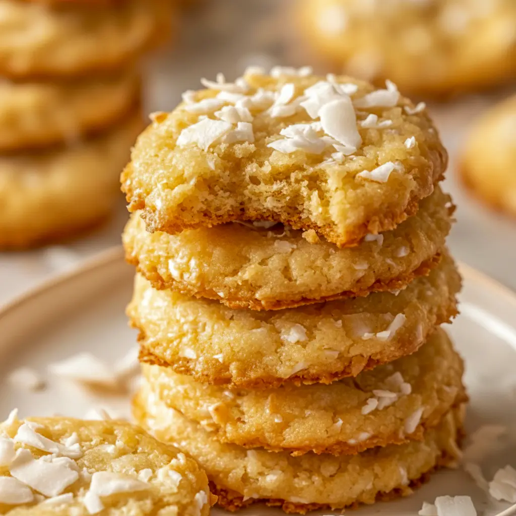 Plate of golden, chewy coconut cookies stacked and sprinkled with flakes — Cookies Recette, also brilliant as Cookie Bar Recipes.
