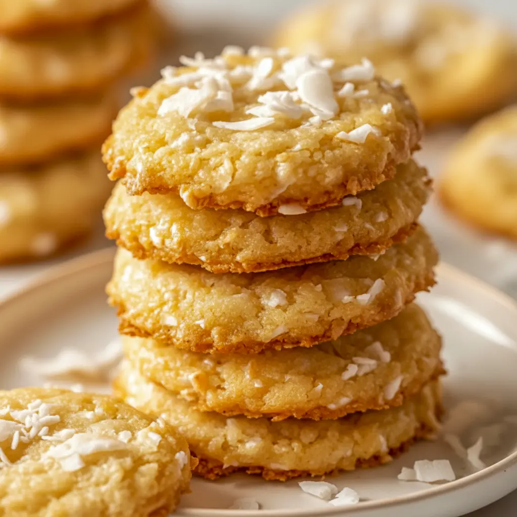 Plate of golden, chewy coconut cookies stacked and sprinkled with flakes — Cookies Recette, also brilliant as Cookie Bar Recipes.