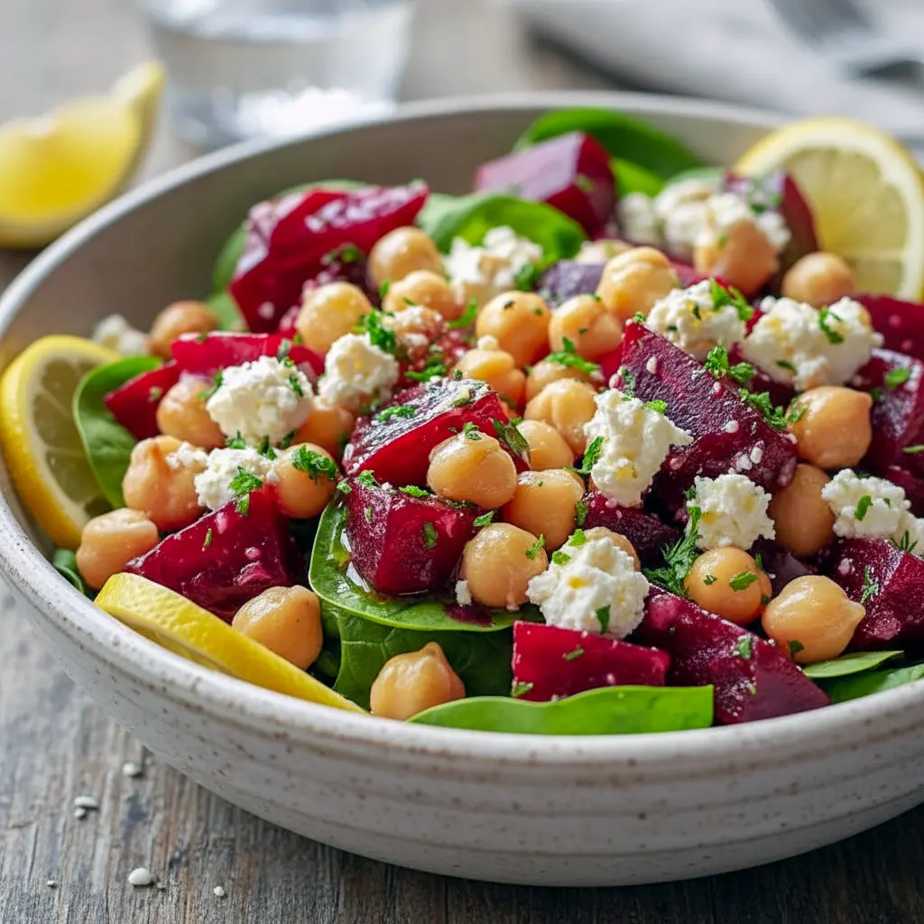 Chickpea, beet, and feta salad with lemon-garlic vinaigrette on a white plate, garnished with parsley.