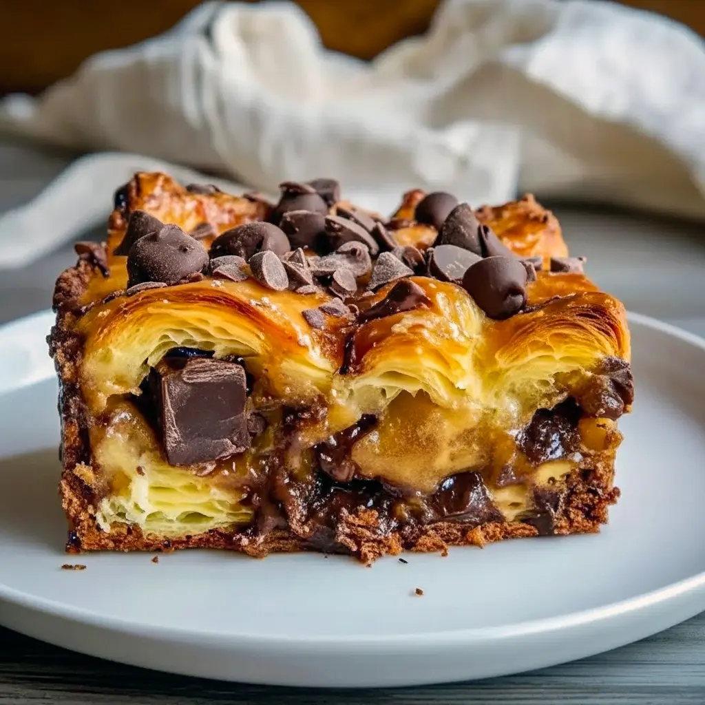 A golden chocolate croissant breakfast bake in a 9x13 pan, dusted with powdered sugar and berries — pictured as a Best Dessert For Brunch option and great for Make And Take Breakfast Ideas, Breakfast Quick Ideas, or turning into Breakfast Recipes Fancy; works for Breakfast Casseroles Sweet, Recipes For Brunch Party, Ideas For Breakfast Party, Not Sweet Breakfast Ideas (savory version), and Breakfast Gift Ideas.