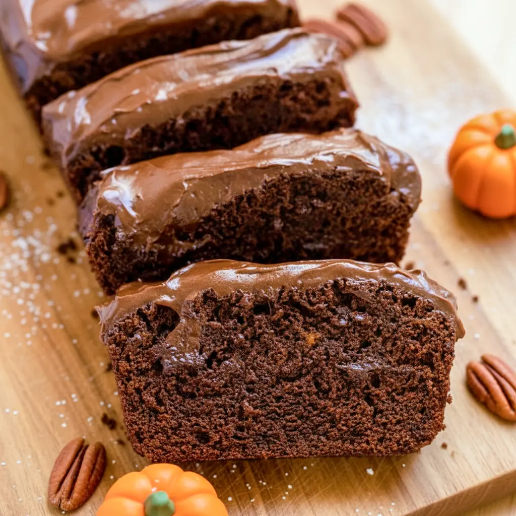Moist chocolate pumpkin bread loaf sliced on a wooden board, showcasing a rich, dark crumb with chocolate chips — a cozy fall treat inspired by Pumpkin And Chocolate, perfect for fans of wholesome seasonal baking.