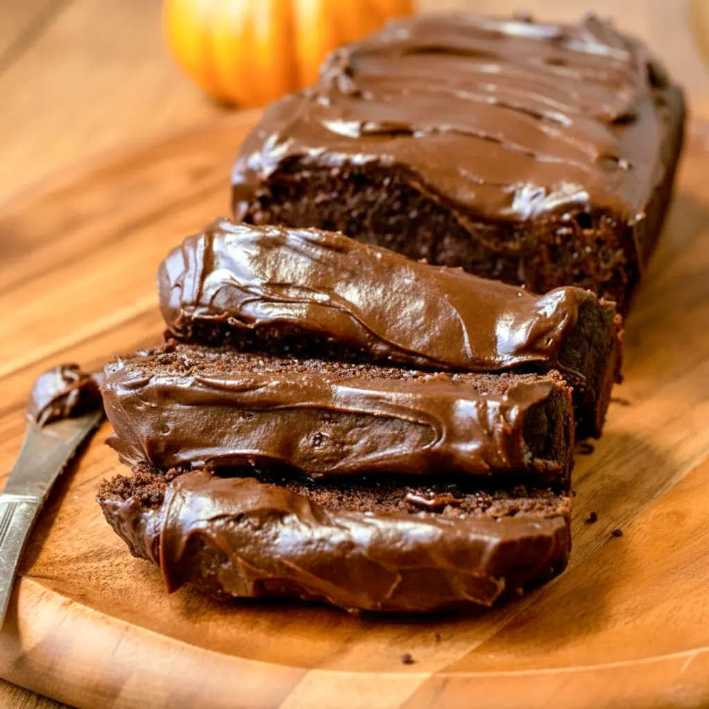 Moist chocolate pumpkin bread loaf sliced on a wooden board, showcasing a rich, dark crumb with chocolate chips — a cozy fall treat inspired by Pumpkin And Chocolate, perfect for fans of wholesome seasonal baking.