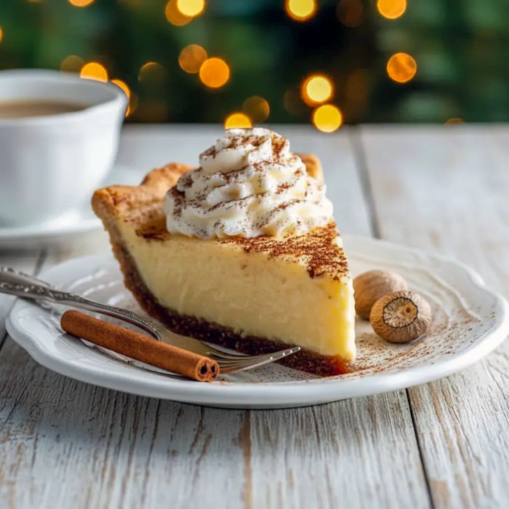 Slice of cinnamon vanilla custard pie in a flaky crust, topped with a dollop of whipped cream and a dusting of cinnamon, styled on a festive plate.