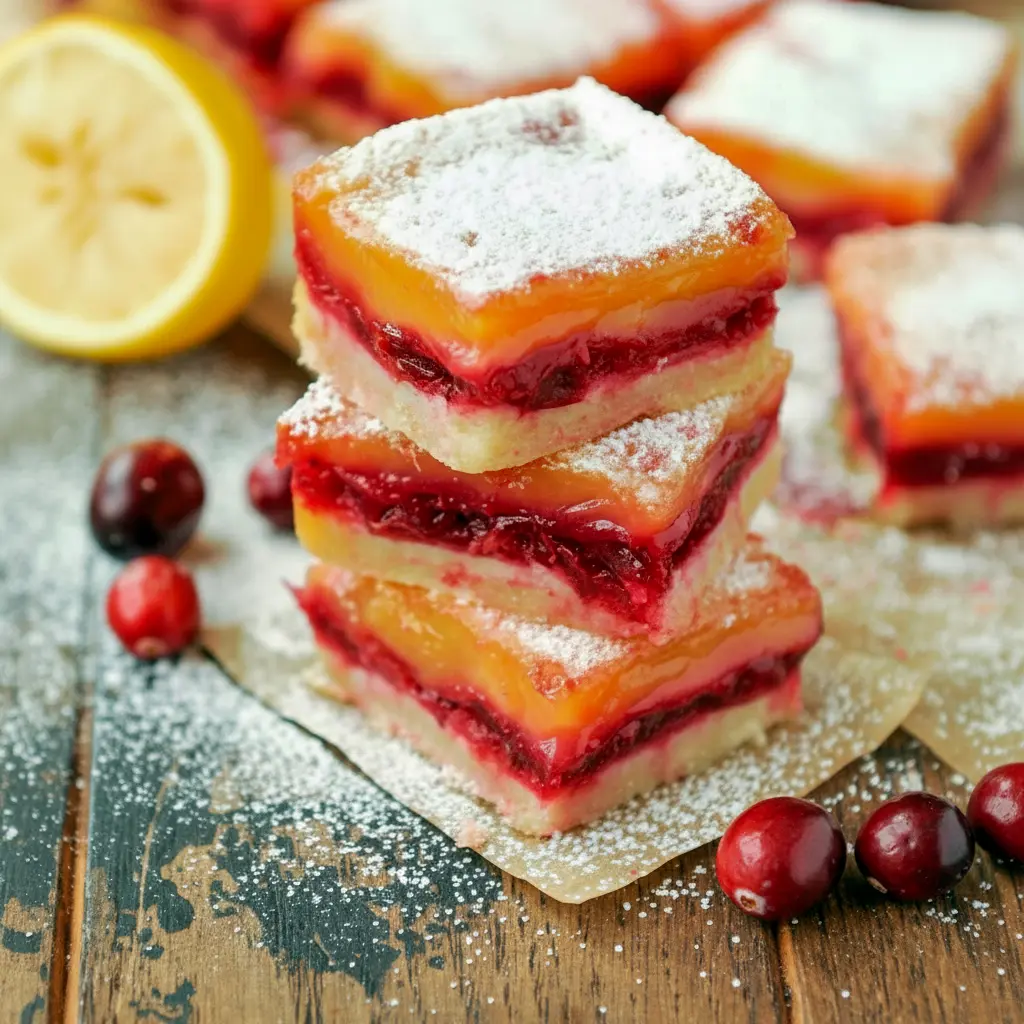 A plate of Christmas Fruit Bars with a golden shortbread base, tangy lemon topping, and ruby-red cranberry filling — the perfect Desserts With Fresh Cranberries for holiday gatherings.