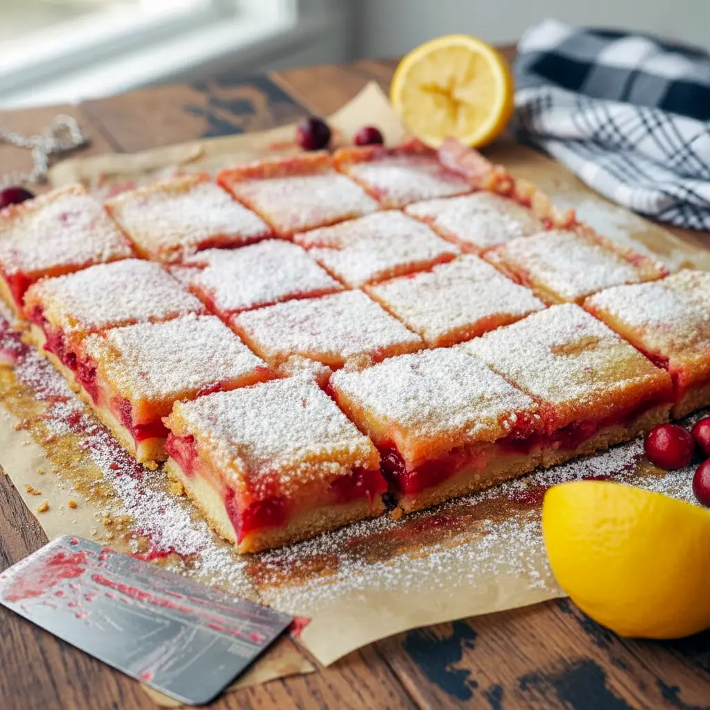 A plate of Christmas Fruit Bars with a golden shortbread base, tangy lemon topping, and ruby-red cranberry filling — the perfect Desserts With Fresh Cranberries for holiday gatherings.
