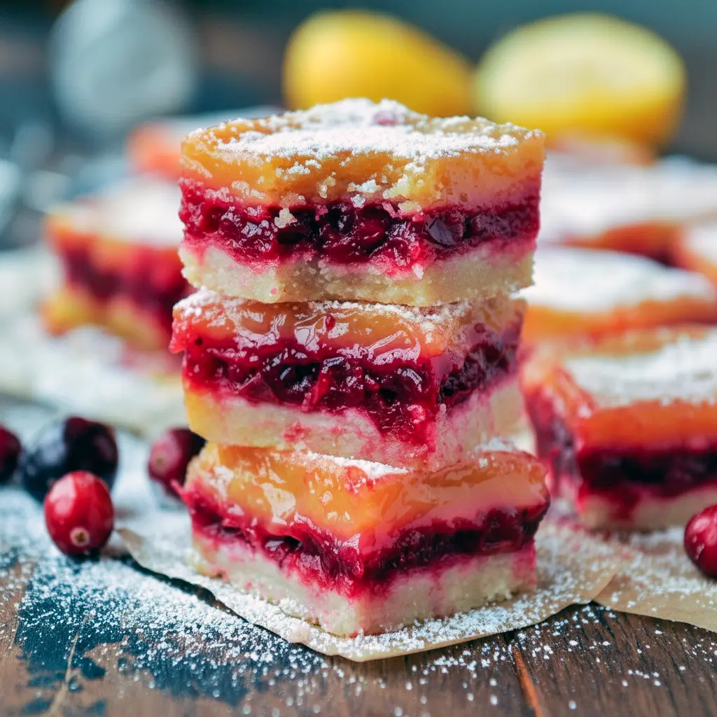 A plate of Christmas Fruit Bars with a golden shortbread base, tangy lemon topping, and ruby-red cranberry filling — the perfect Desserts With Fresh Cranberries for holiday gatherings.