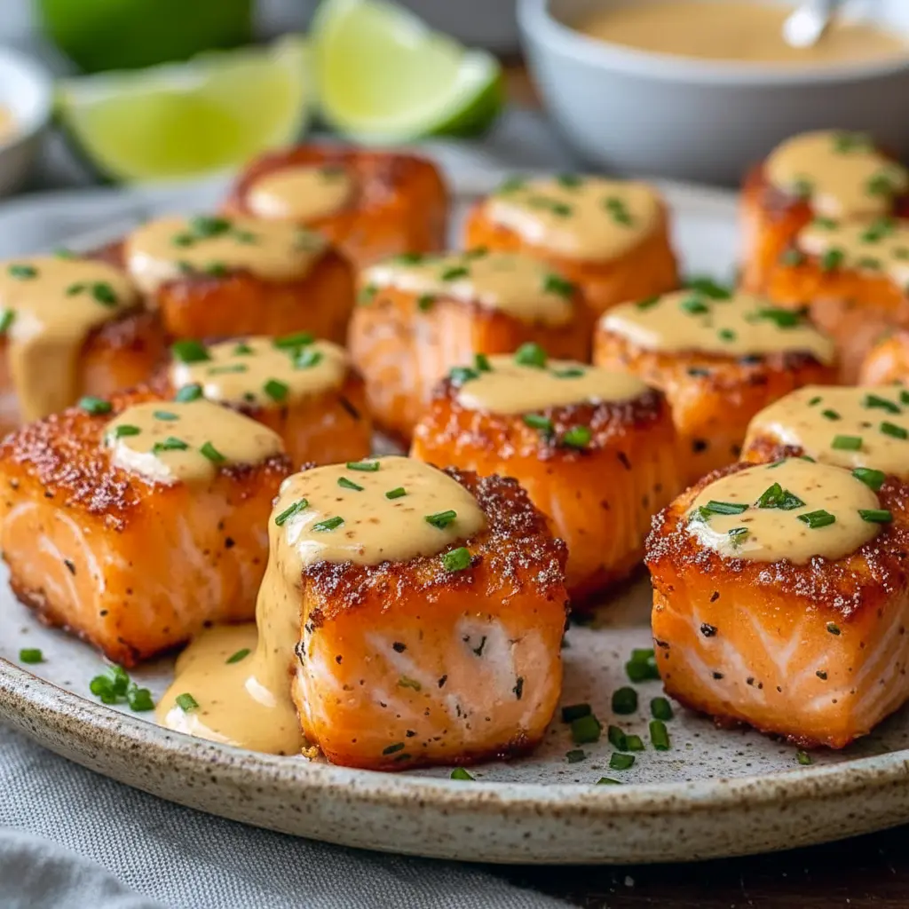 Golden-brown salmon cubes glazed with creamy sweet-chili sauce, garnished with lime wedges and green onion, Bang Bang Salmon Bites.