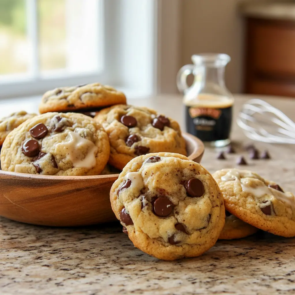 Baileys Cookies Recipe on a rustic plate: stacked Irish Chocolate Chip Cookies with gooey chips and a light glaze, a perfect idea for What To Make With Baileys Irish Cream and a must-pin for Baileys Baking Recipes; picture also evokes Bavarian Cream Cookies or simple Bailey Cookies, standing apart from Hennessy Cookies, and fits right into Irish Recipes Desserts and go-to Recipes With Baileys collections.