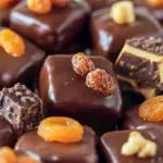 Dark chocolate–dipped date stuffed with peanut butter and chopped peanuts, finished with a sprinkle of sea salt, on parchment.