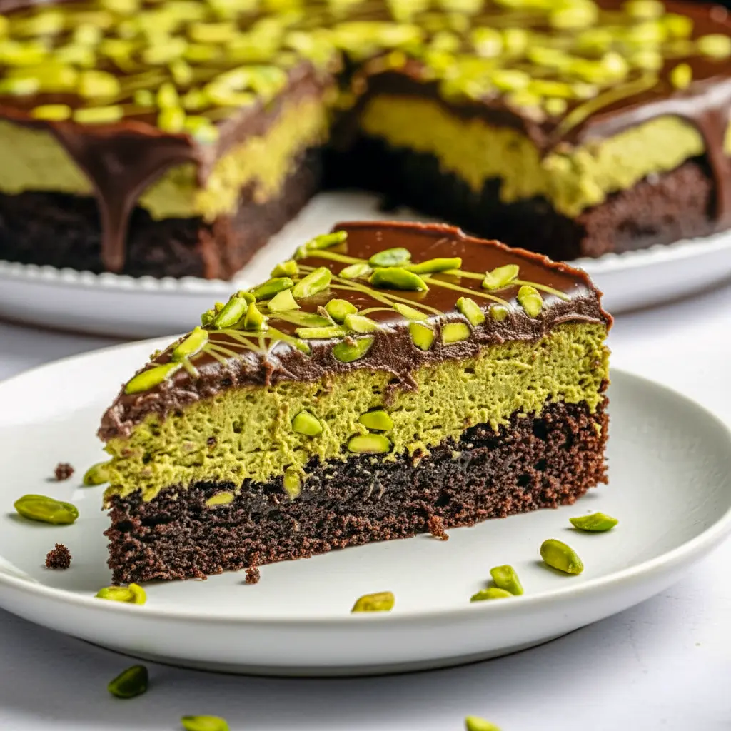 Slice of glossy chocolate cake with pistachio-kataifi filling, drippy chocolate ganache, crushed pistachios and toasted kataifi on a white plate, Dubai Chocolate Cake.