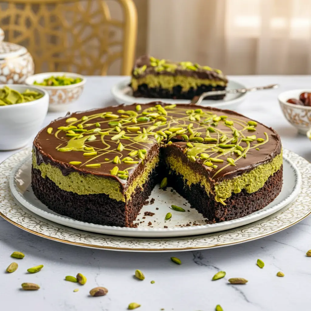 Slice of glossy chocolate cake with pistachio-kataifi filling, drippy chocolate ganache, crushed pistachios and toasted kataifi on a white plate, Dubai Chocolate Cake.