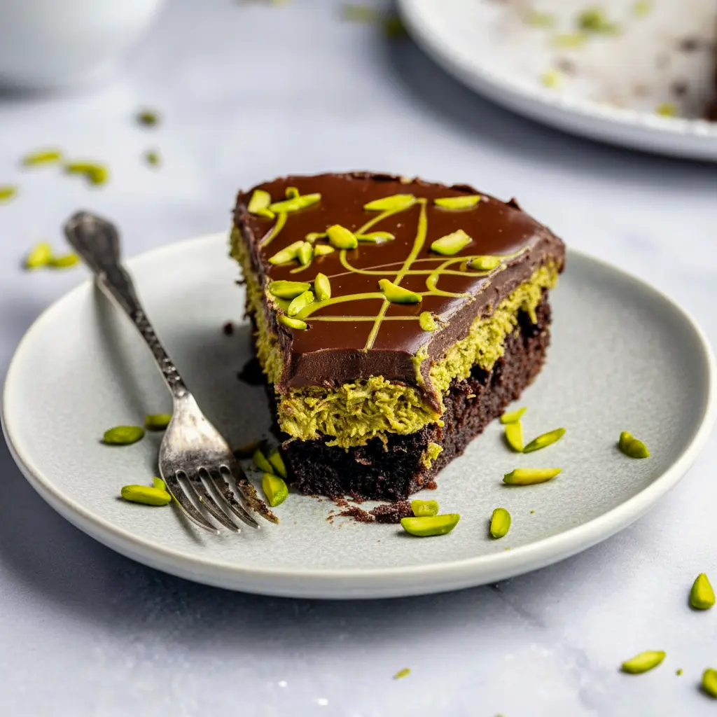 Slice of glossy chocolate cake with pistachio-kataifi filling, drippy chocolate ganache, crushed pistachios and toasted kataifi on a white plate, Dubai Chocolate Cake.