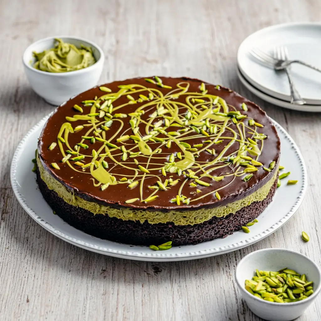 Slice of glossy chocolate cake with pistachio-kataifi filling, drippy chocolate ganache, crushed pistachios and toasted kataifi on a white plate.