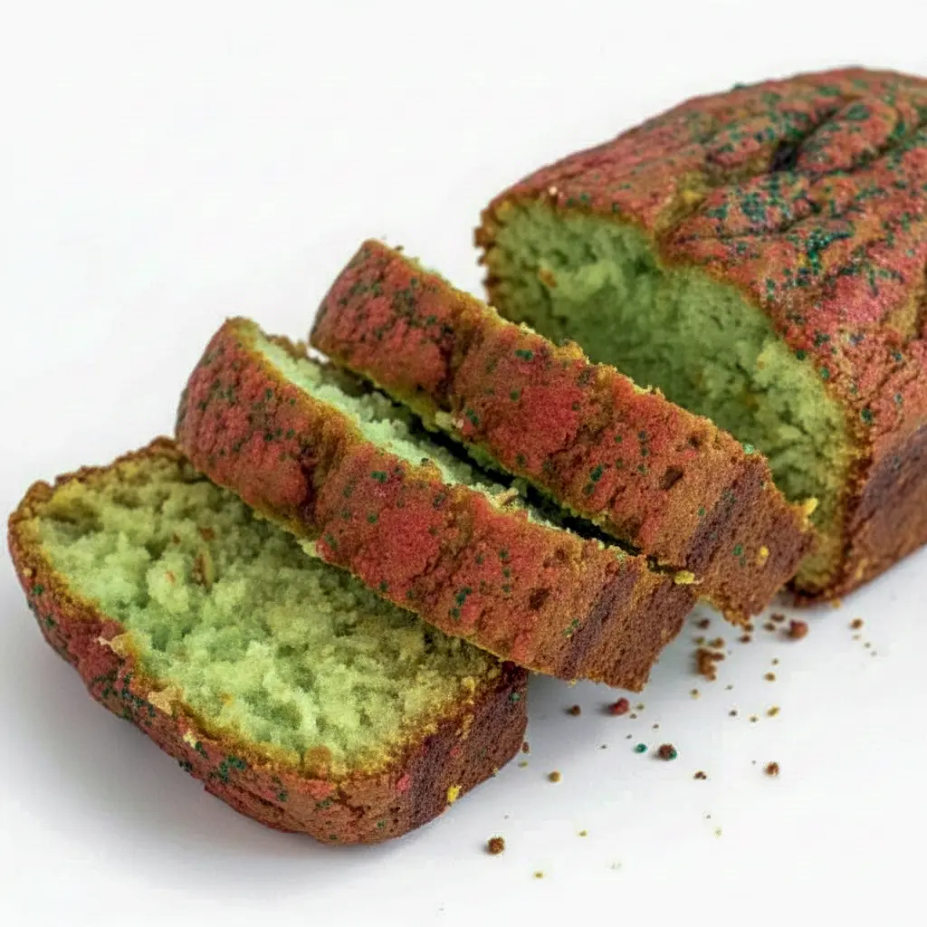 A golden-green loaf of Pistachio Bread topped with sprinkles, sliced on a holiday table—an easy, festive Holiday Bread perfect for gifting and celebrating.