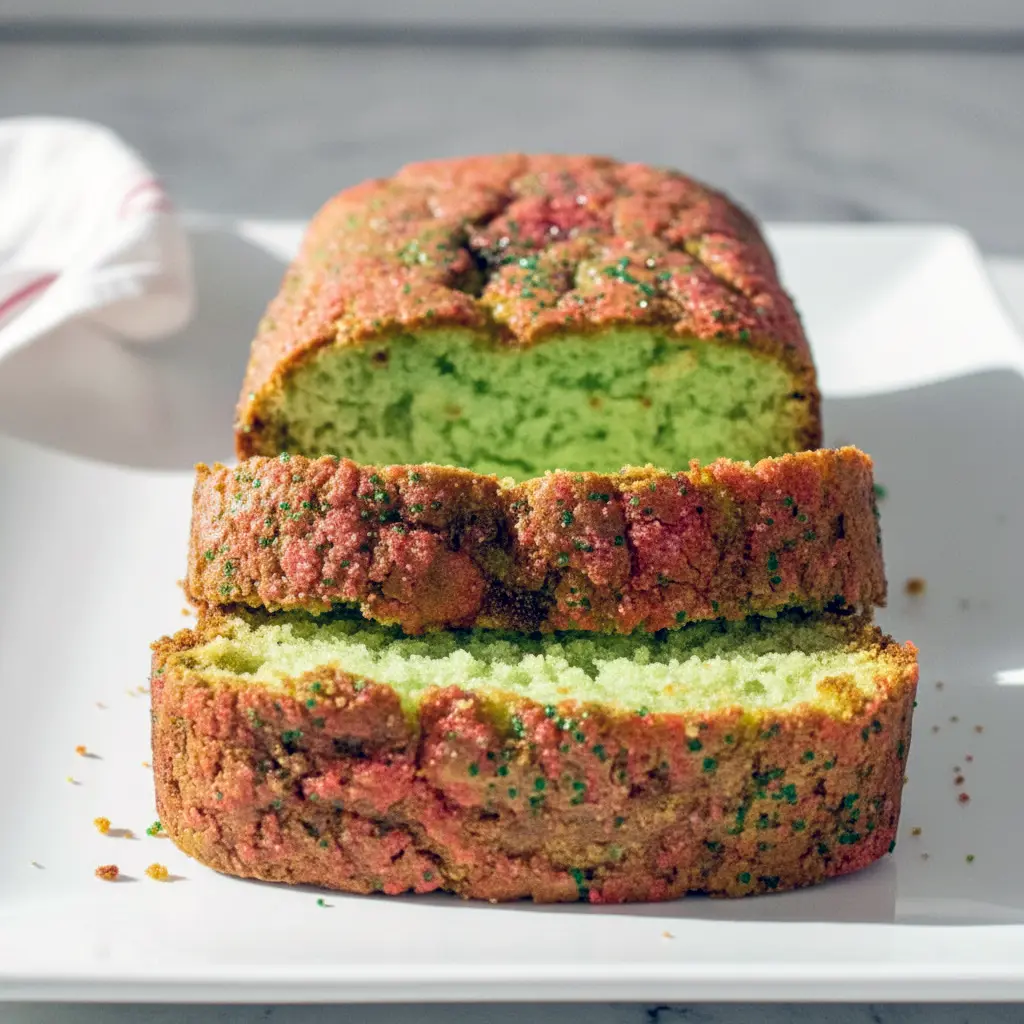 A golden-green loaf of Pistachio Bread topped with sprinkles, sliced on a holiday table—an easy, festive Holiday Bread perfect for gifting and celebrating.