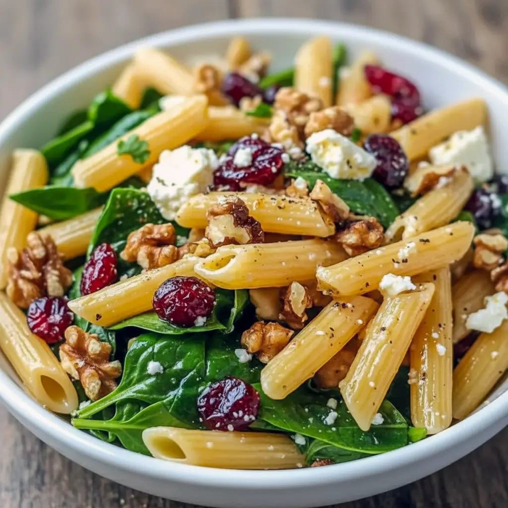 Bowl of Feta & Cranberry Penne Salad With Orange Vinaigrette featuring penne pasta, feta cheese, dried cranberries, spinach, and walnuts tossed in a bright orange vinaigrette dressing — a colorful, Cold Refreshing Dinner perfect for Salads For Dinner Families.