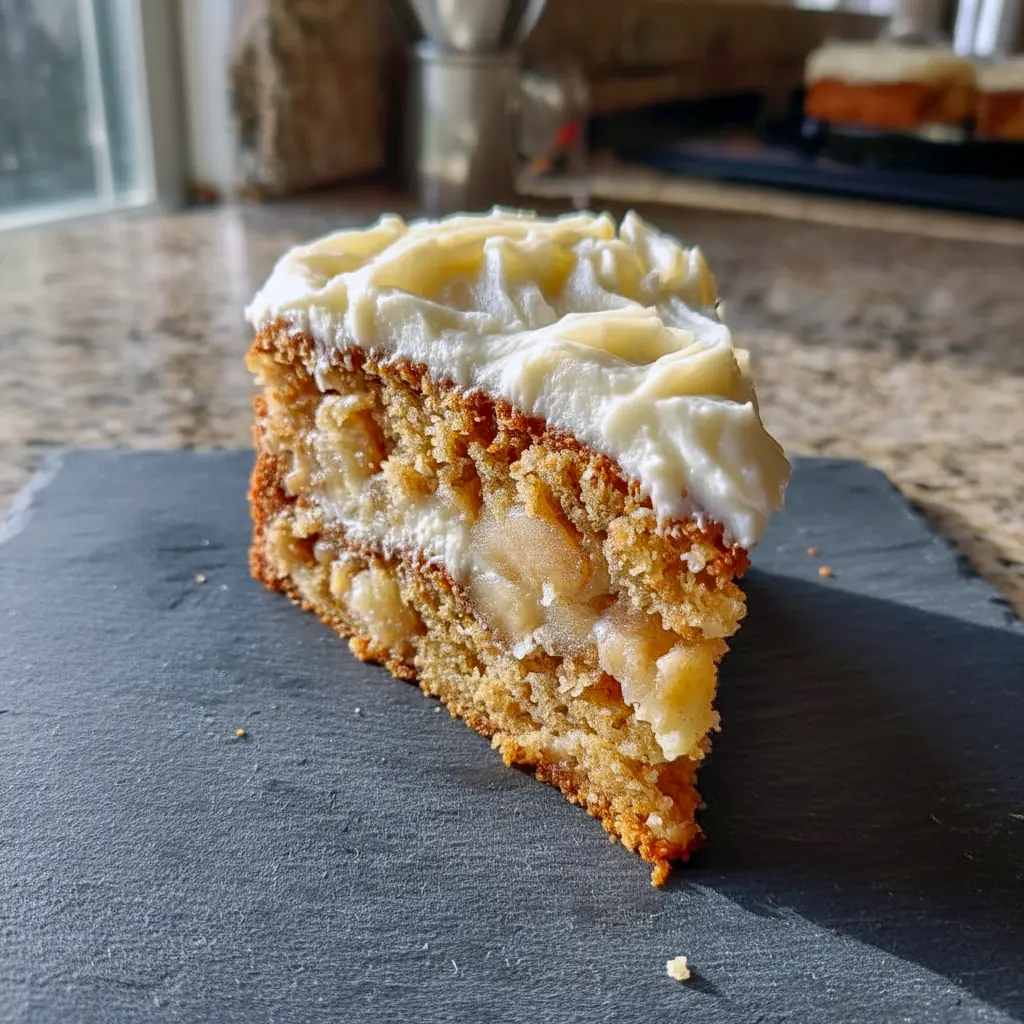 Best Apple Cake Ever slice with creamy frosting, grated apples peeking through, and a dusting of cinnamon on a white plate.