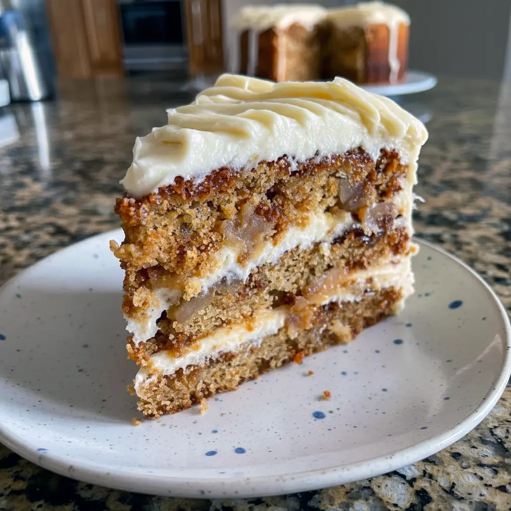 Best Apple Cake Ever slice with creamy frosting, grated apples peeking through, and a dusting of cinnamon on a white plate.