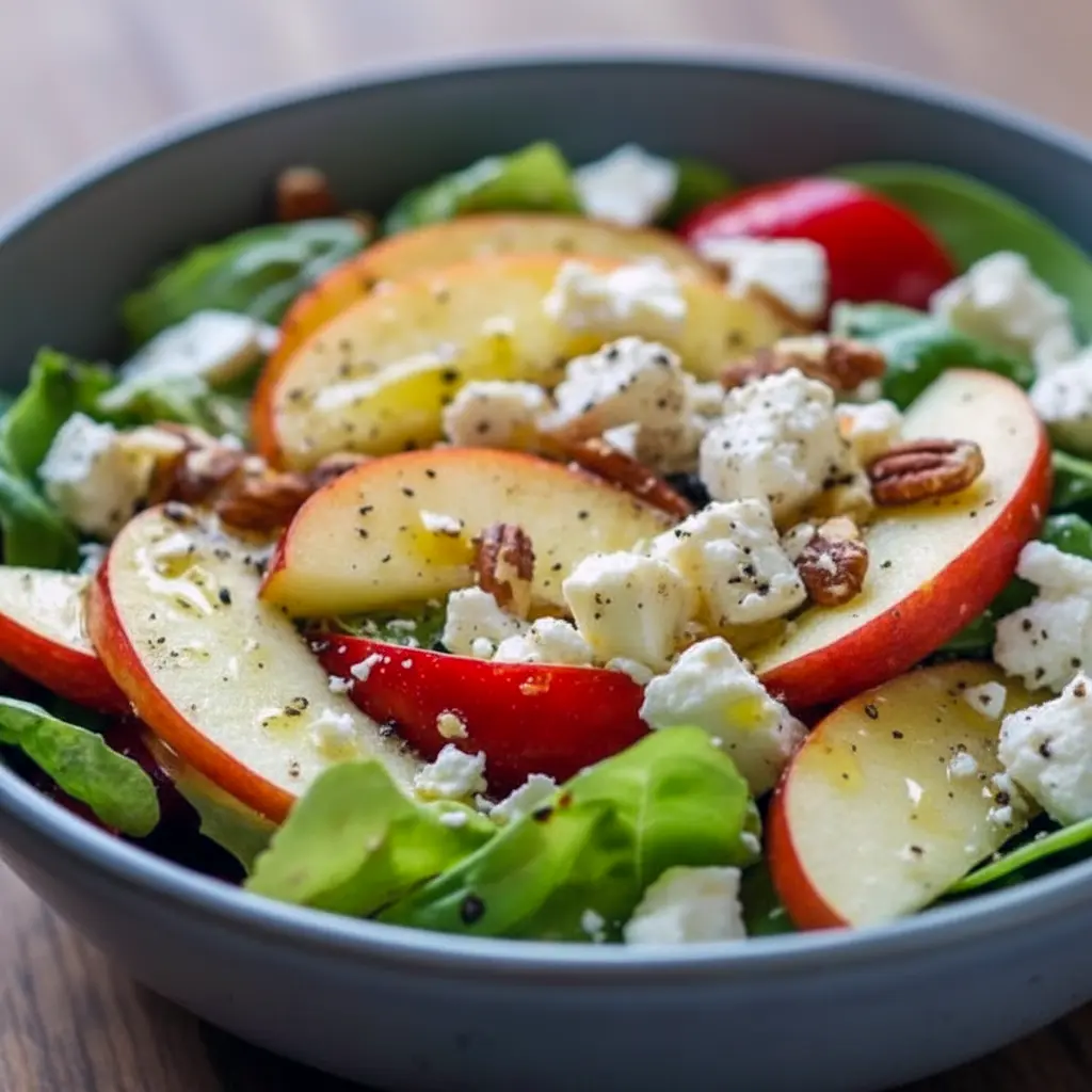 Close-up of a Honeycrisp apple and feta salad — arugula, thin apple slices, pomegranate seeds, candied pecans and crispy prosciutto, all drizzled with apple-cider vinaigrette, Fresh Salad Recipes.