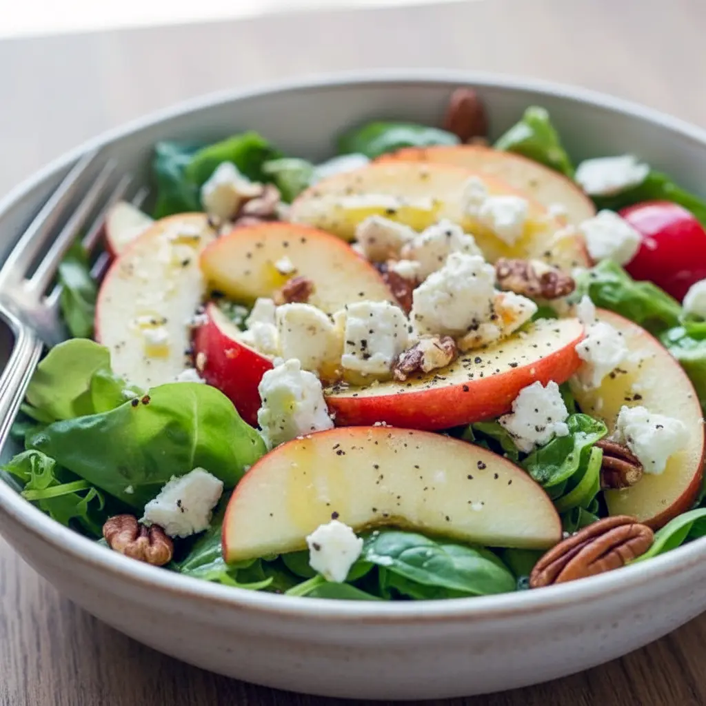 Close-up of a Honeycrisp apple and feta salad — arugula, thin apple slices, pomegranate seeds, candied pecans and crispy prosciutto, all drizzled with apple-cider vinaigrette, Fresh Salad Recipes.