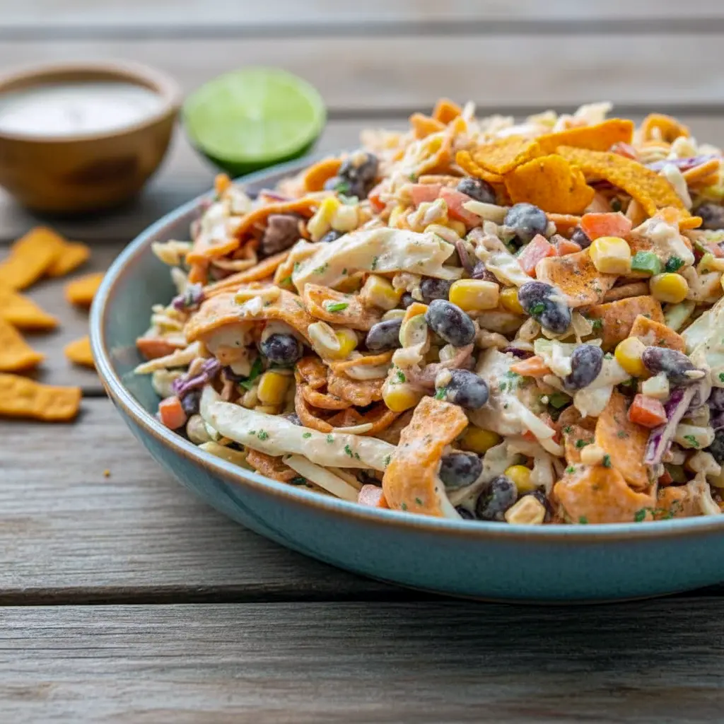 Close-up of a vibrant, crunchy slaw piled with Fritos and chipotle crema — a top Soft Salad Recipes pick, great alongside burgers in a Hamburger And Coleslaw Recipe, a zesty Veggie Slaw, and one of many easy Recipes With Cabbage Slaw.