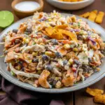 Close-up of a vibrant, crunchy slaw piled with Fritos and chipotle crema — a top Soft Salad Recipes pick, great alongside burgers in a Hamburger And Coleslaw Recipe, a zesty Veggie Slaw, and one of many easy Recipes With Cabbage Slaw.