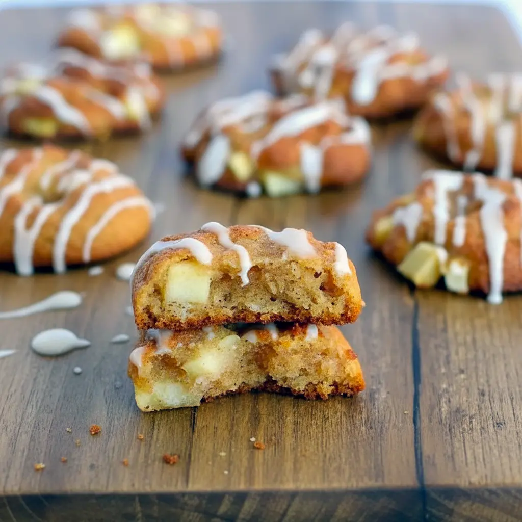 Close-up of a glazed keto apple fritter cookies sprinkled with cinnamon sugar and tiny apple pieces on a cooling rack.