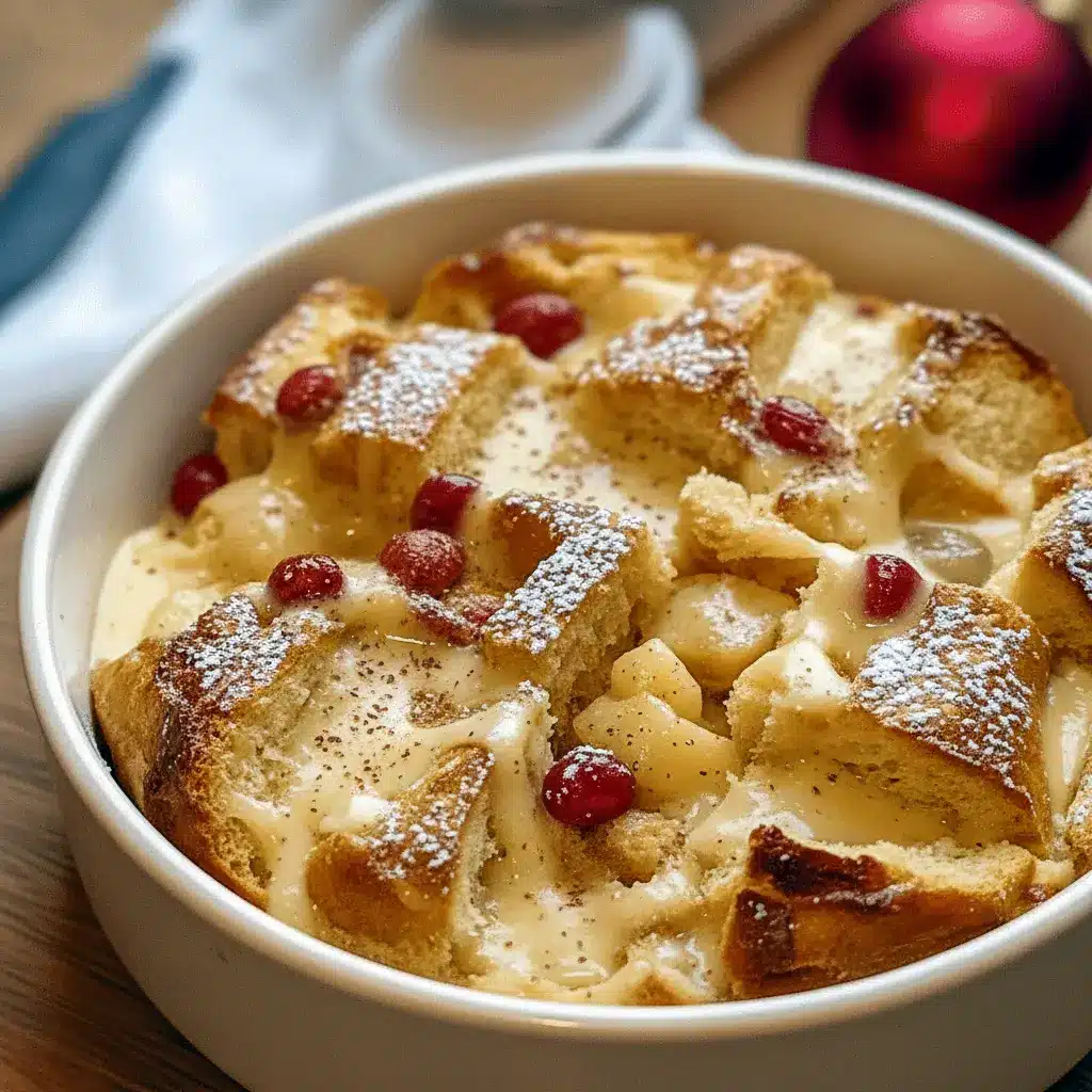 Slice of warm eggnog-soaked bread pudding on a white plate, drizzled with caramel sauce and dusted with powdered sugar, garnished with a sprinkle of nutmeg.