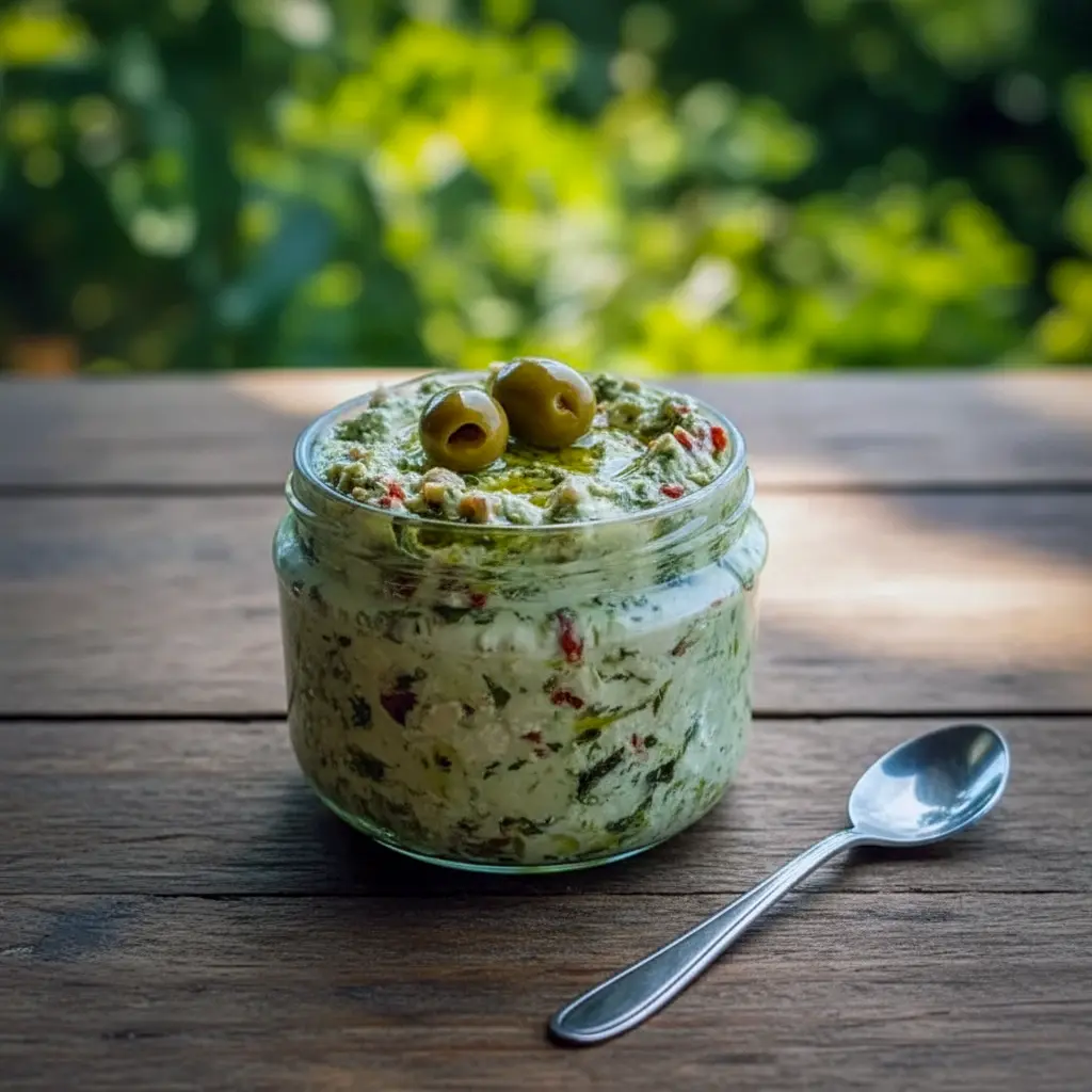 Close-up of a creamy green olive and feta spread on toasted crostini, garnished with olive oil and herbs, Olive Cream Cheese Dip.
