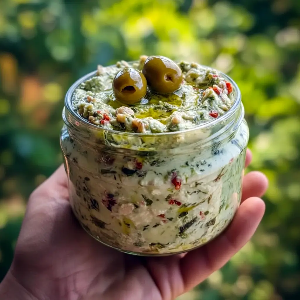 Close-up of a creamy green olive and feta spread on toasted crostini, garnished with olive oil and herbs, Olive Cream Cheese Dip.