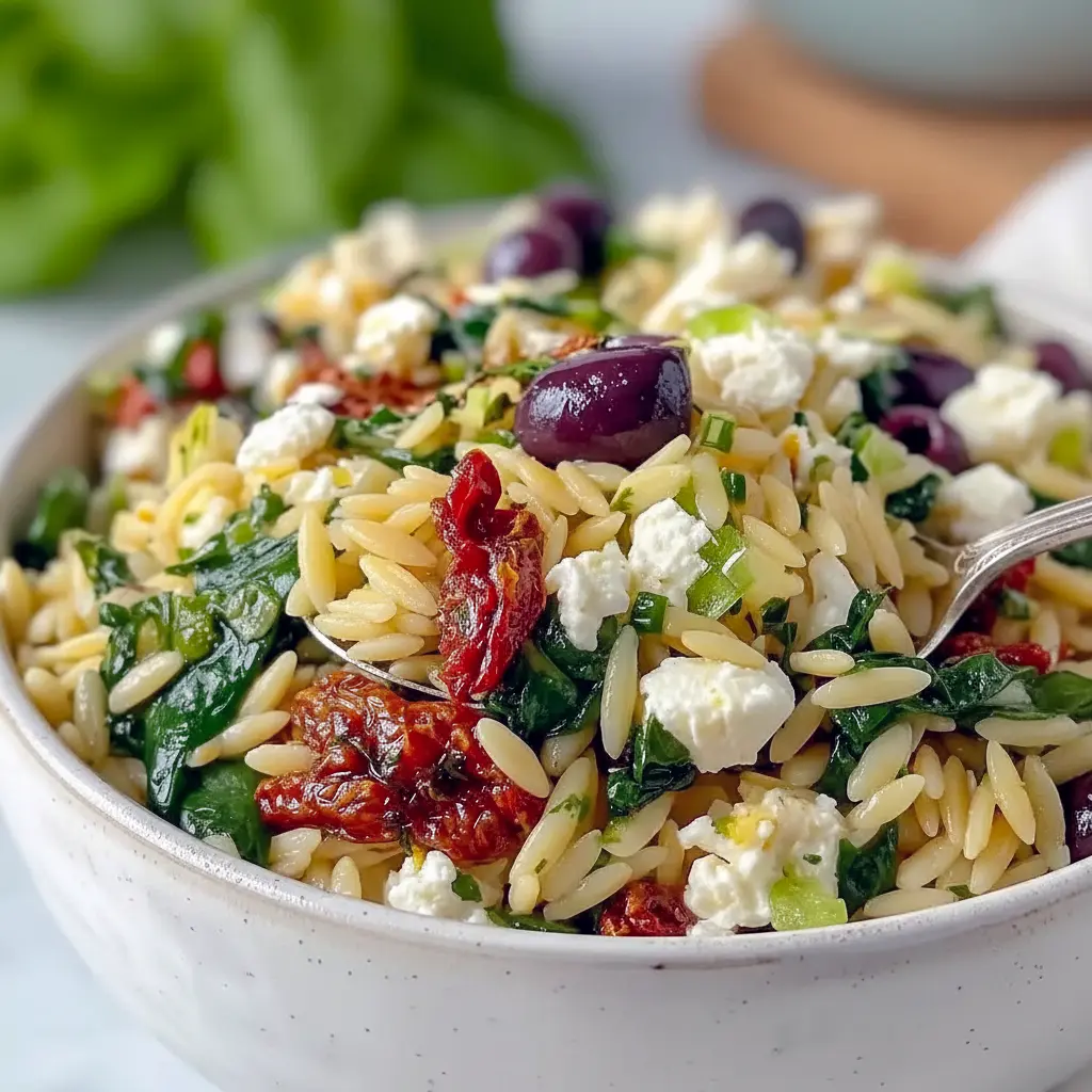 Bright bowl of orzo pasta salad studded with crumbled feta, chopped sun-dried tomatoes, kalamata olives and fresh herbs, Orzo Feta Pasta Salad.