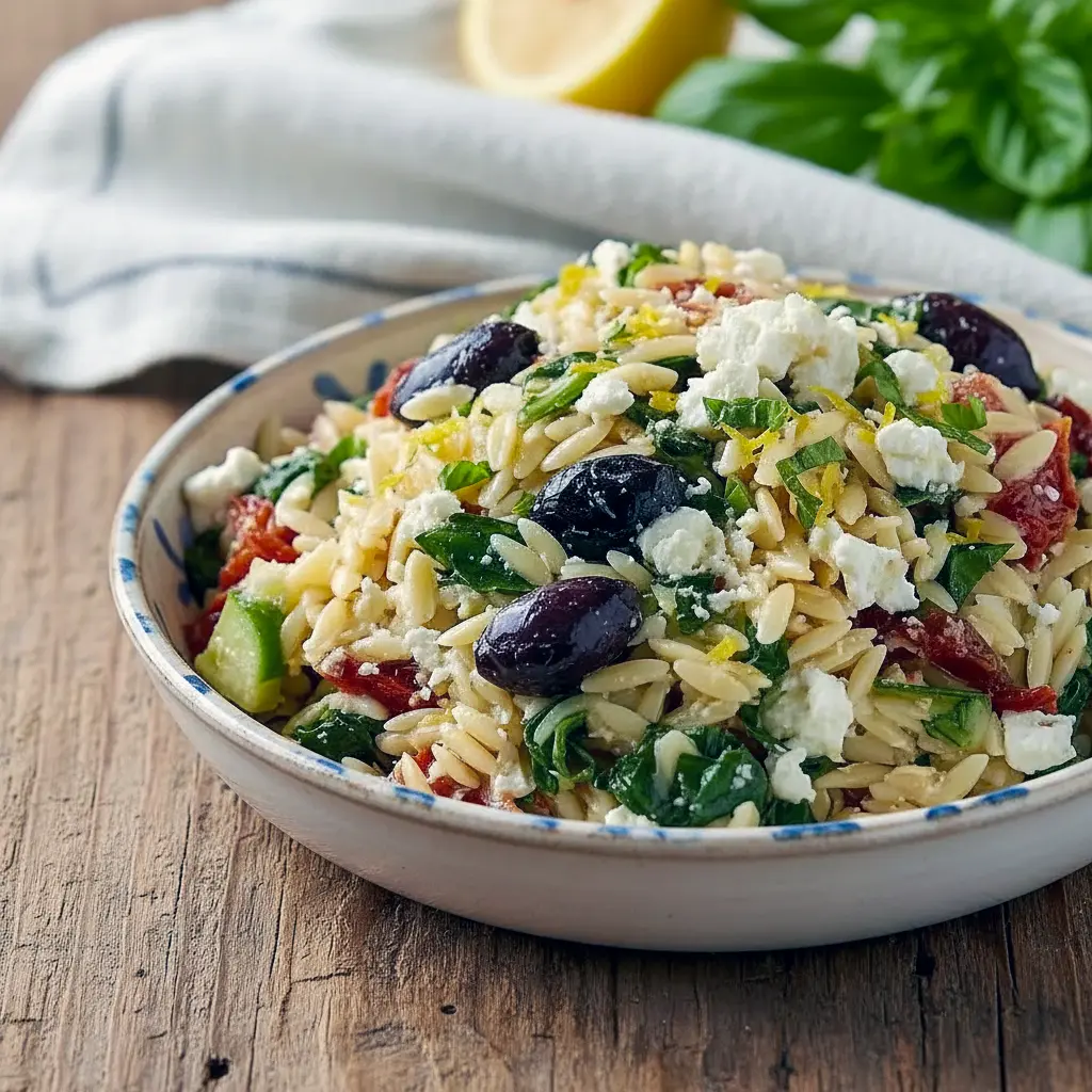 Bright bowl of orzo pasta salad studded with crumbled feta, chopped sun-dried tomatoes, kalamata olives and fresh herbs.
