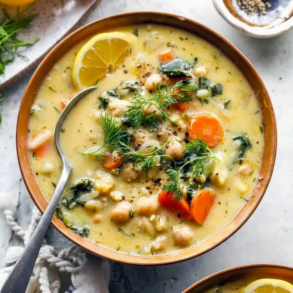 Gold bowl of lemon chickpea-orzo soup garnished with fresh dill and lemon — a bright, comforting bowl inspired by Greek Recipes.