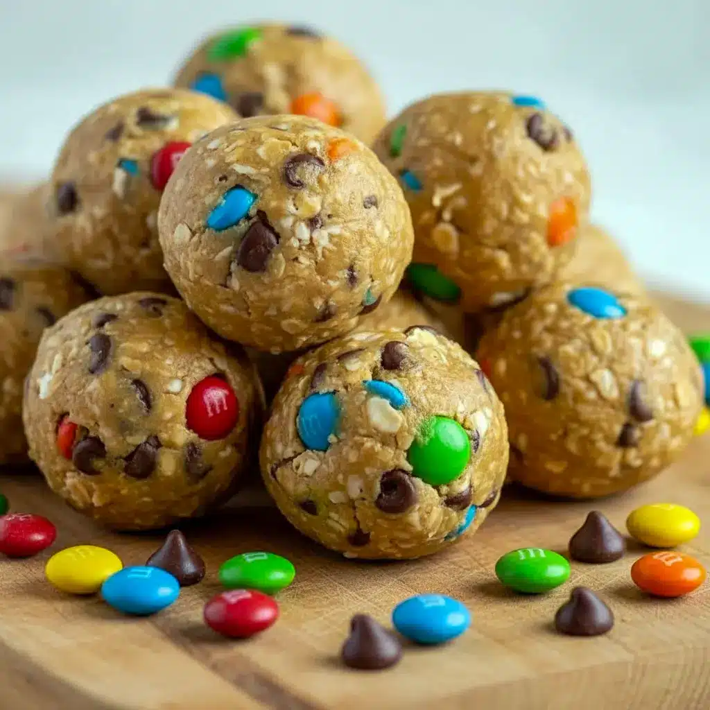 The Best Energy Balls stacked on parchment with visible mini chocolate chips and colorful M&Ms — a tempting Monster Cookie snack.