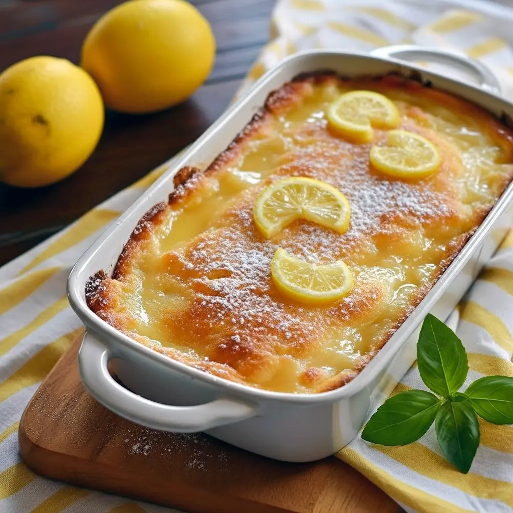Magic Lemon Cobbler — close-up of a golden square of lemon cobbler with glossy lemon filling, a dusting of powdered sugar, and a melting scoop of vanilla ice cream on the side.