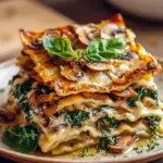 A square of bubbling mushroom and spinach lasagna on a white plate, showing layers of ricotta, sautéed mushrooms, wilted spinach and melted cheese, garnished with basil.