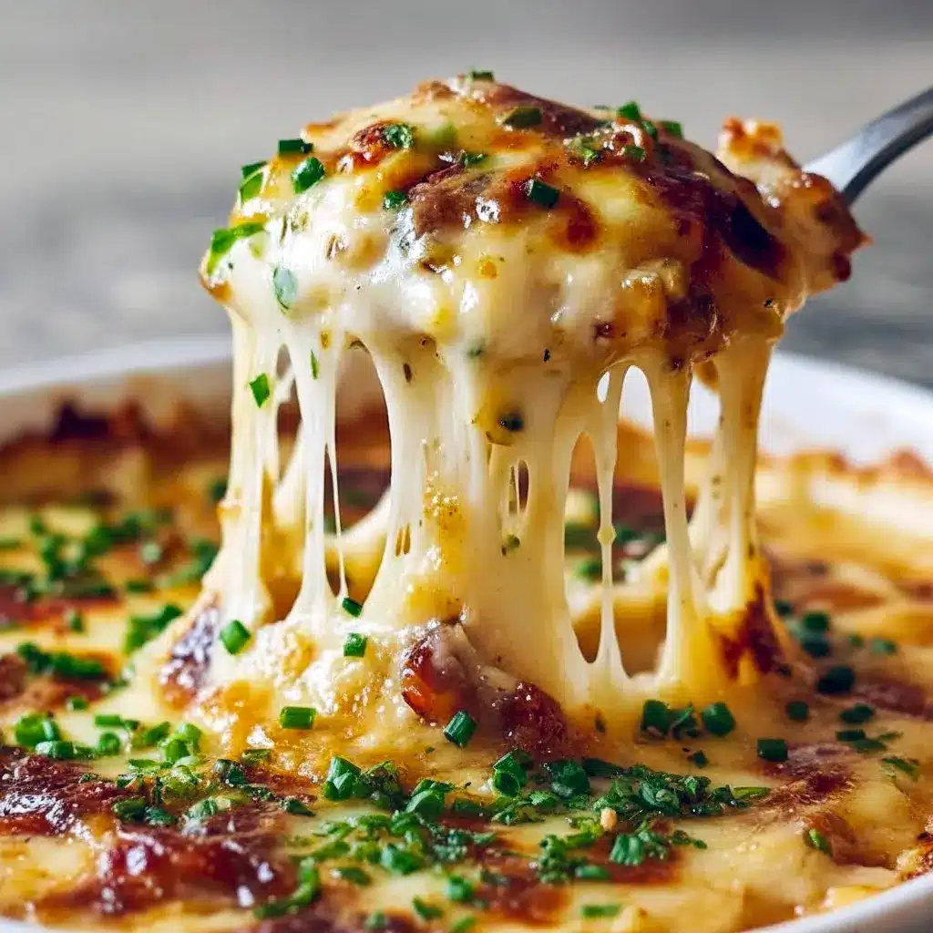 Golden, bubbling smoked-Gouda dip topped with caramelized onions in a baking dish — a top pick for Winter Dip Recipes, ideal among Savory Party Dips, shown with crusty bread for Dips For Sour Dough Bread and small toasts for Gouda Bites, Gouda Cheese Dip Recipes.