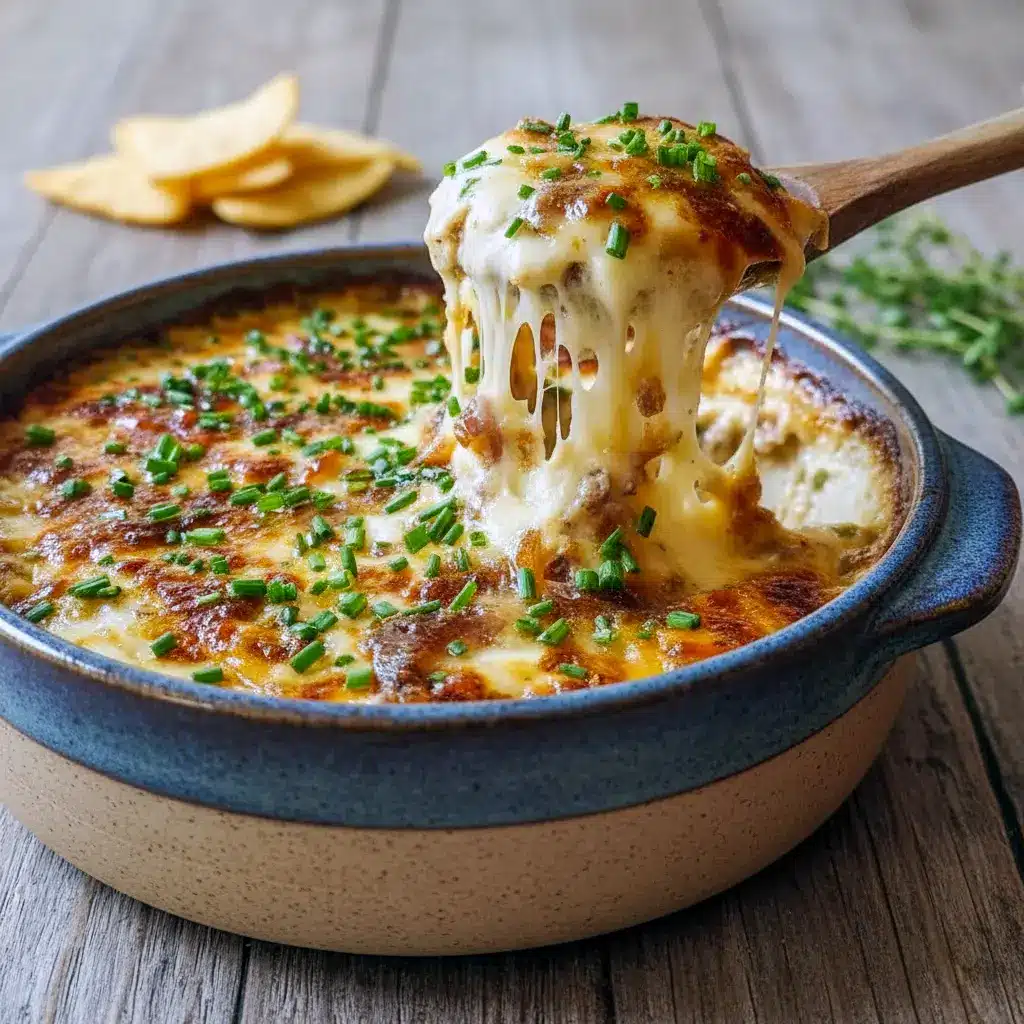 Golden, bubbling smoked-Gouda dip topped with caramelized onions in a baking dish — a top pick for Winter Dip Recipes, ideal among Savory Party Dips, shown with crusty bread for Dips For Sour Dough Bread and small toasts for Gouda Bites, Gouda Cheese Dip Recipes.