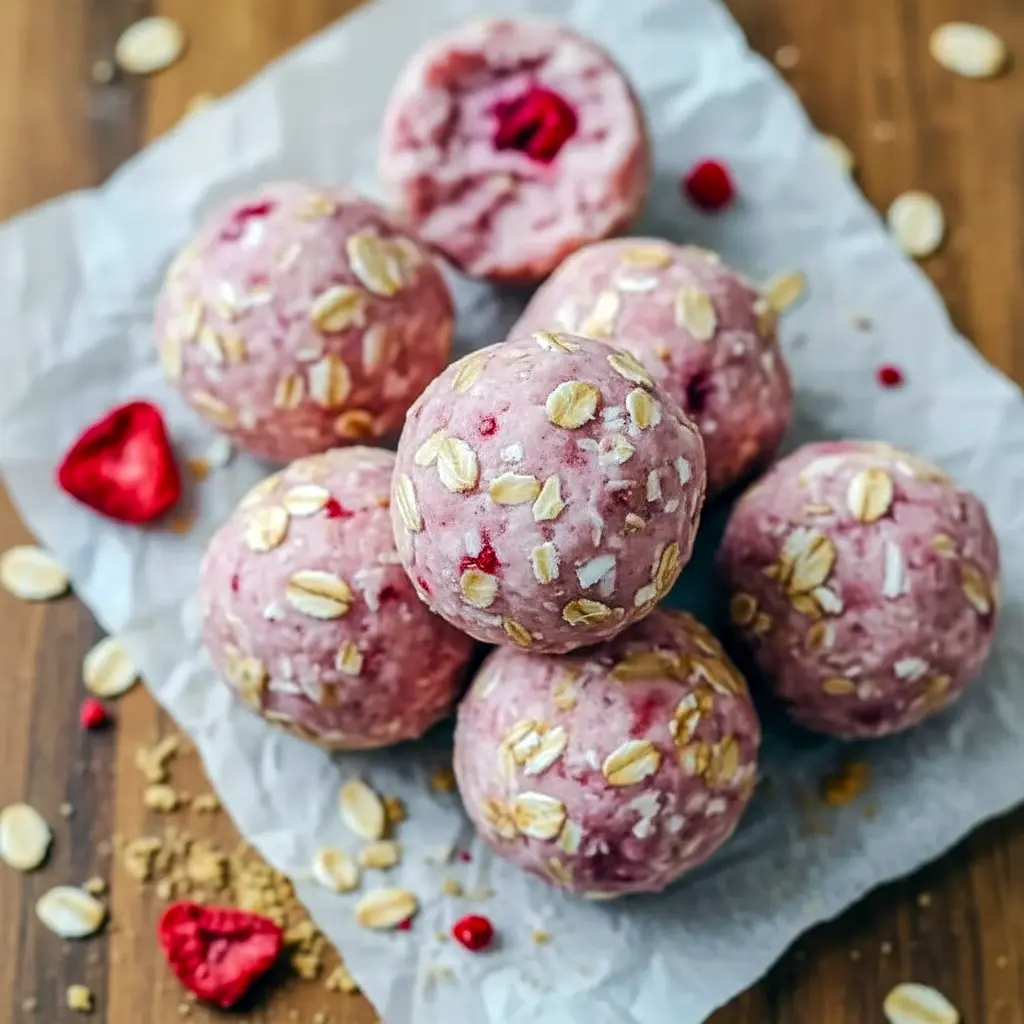 Close-up of strawberry cheesecake protein balls on parchment, dusted with crushed freeze-dried strawberries and arranged on a small serving plate.