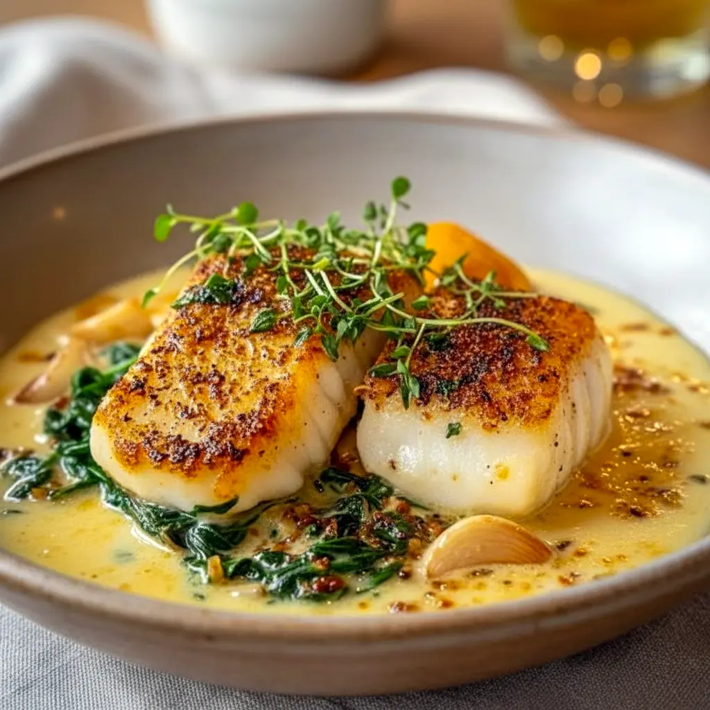 Pan-seared cod fillets topped with rich Garlic Cream Sauce, garnished with parsley and lemon wedges — a stunning and flavorful Fish Dinner perfect for seafood lovers.