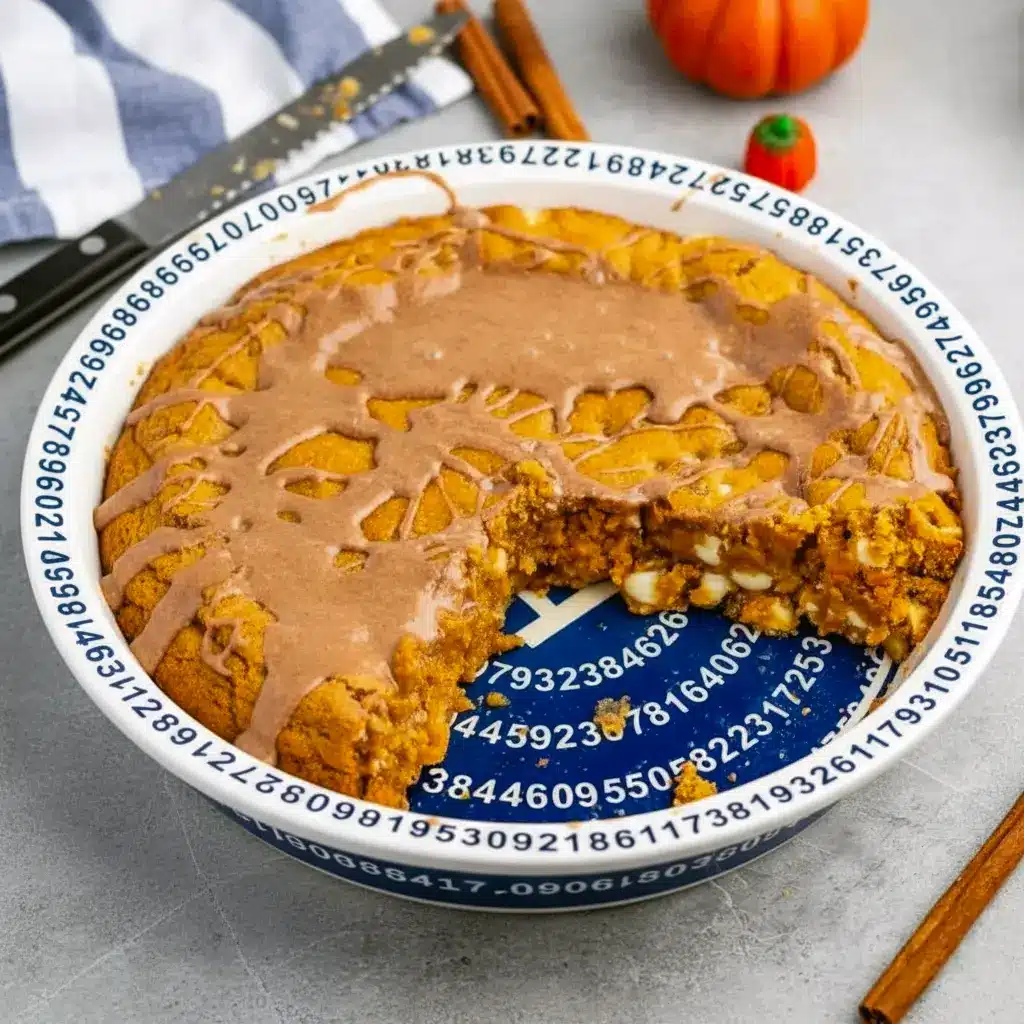 Golden slice of pumpkin cookie pie (white chocolate chips + pecans) drizzled with glaze, on a rustic plate, Fun Thanksgiving Desserts.