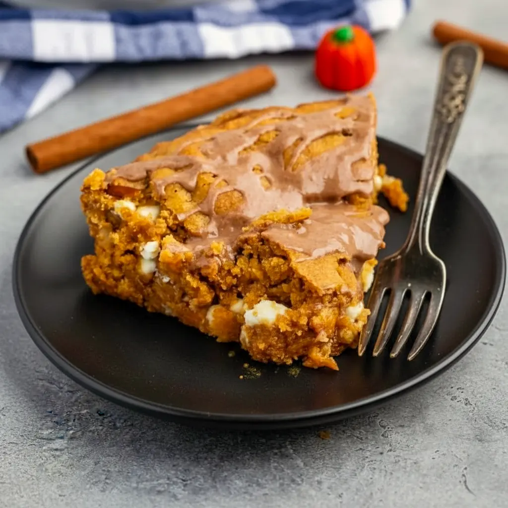 Golden slice of pumpkin cookie pie (white chocolate chips + pecans) drizzled with glaze, on a rustic plate.