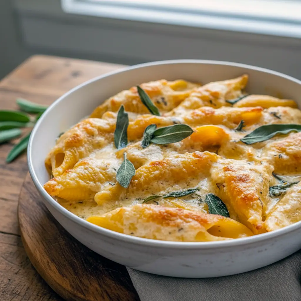 Close-up of baked pumpkin and Gouda stuffed shells topped with brown-butter sage and grated Parmesan — a warm, golden casserole that exemplifies Delicious Fall Dinner Recipes, perfect for Kosher Thanksgiving Recipes, easy to bring to Thanksgiving Pot Luck Dishes, evokes Ina Garten Thanksgiving Recipes vibes, and ranks high on lists of New Fall Recipes and Delicious Fall Recipes; a creative Unique Thanksgiving Dinner Ideas option and stunning Pumpkin Side Dish.