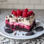 Close-up of a slice of raspberry chocolate lasagna showing a chocolate cookie crust, a dark chocolate pudding layer, a pink raspberry-cream layer, whipped topping, fresh raspberries, and chocolate shavings on a dessert plate.