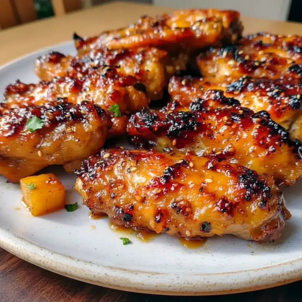 Photo of glossy, golden pineapple-teriyaki chicken wings piled on a platter, sprinkled with sesame seeds — perfect for Chicken Wing Bar Ideas, fun Cook Together Recipes, backyard Grill Foods Ideas Summer Dinners, and tips on What Goes Well With Wings.